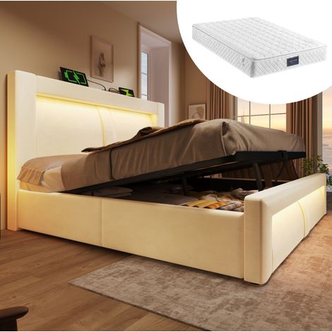 lit adulte lit 160x200 rangement LED velours beige OKMYHOME