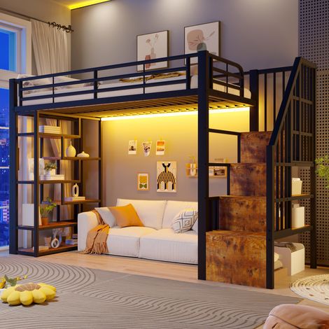Lit mezzanine 90x200 cm – lit enfant gain de place avec escalier led garde-corps et rangements – métal et mdf – noir (1/5)