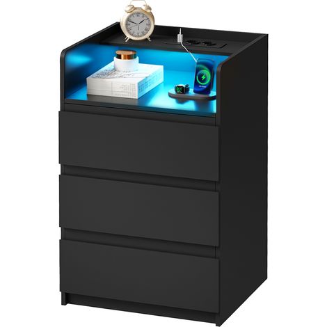 Table de chevet avec lampe LED réglable, prise de courant et port USB