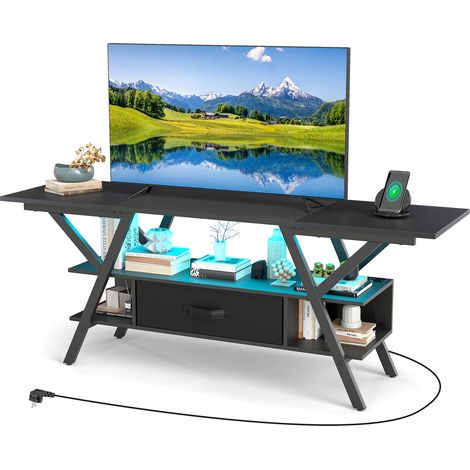 Meuble TV pour Téléviseurs 65", à 3 Niveaux avec Lumières LED et Station de Charge, Console Multimédia avec Étagères et Tiroir en Tissu, Noir (1/5)