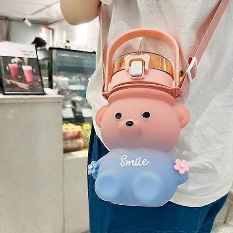 Gourde rose ours de 1100 ml avec bandoulière, gourde en plastique avec paille, gourde de voyage pour enfants (1/4)