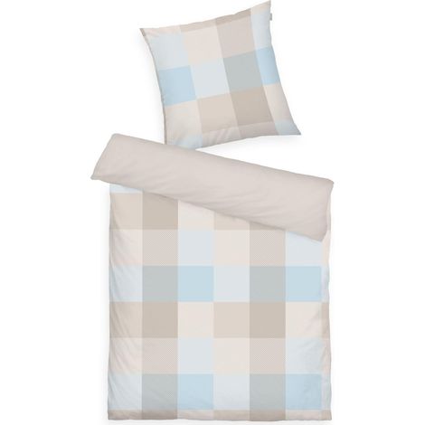 Linge de lit en Flanelle, 60 x 80 cm + 140 x 200 cm, 100% Coton/Flanelle, avec Motif réversible et Fermeture éclair colorée, Bold Mosaic Beige, Bleu Clair (Nature, Sunny Sand (1/5)