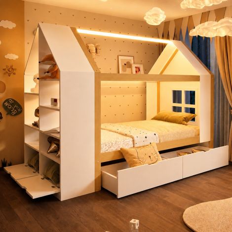 Etagenbett 90/200 cm aus Massivholz mit Schubladen, LED und Stauraum (1/5)