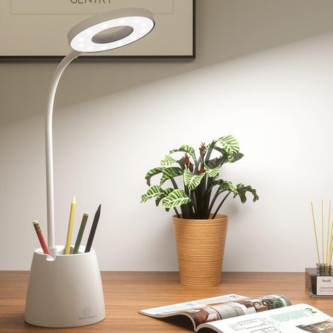 Lampe de Bureau LED, Enfant Dimmable 3 Niveaux Luminosité Protection des Yeux Col Cygne Contrôle Tactile Sans Fil USB Recharge, Porte Stylo Téléphone, Multicolore (1/5)