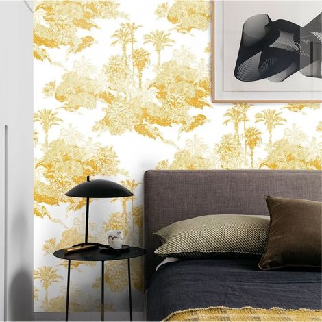 Papel pintado floral vintage artístico blanco y amarillo Toile de Jouy