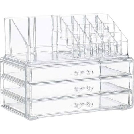 Organisateur cosmétiques et bijoux - AVIZAR - 3 tiroirs empilables - Transparent - Double couche - Multi-compartiments (1/4)