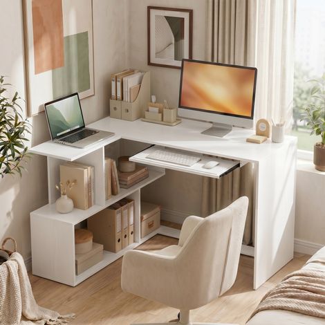 Bureau d'angle, bureau d'ordinateur avec tablette pour clavier et étagères ouvertes, aspect bois blanc (1/5)