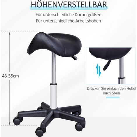 Tabouret à roulettes, siège en forme de selle, réglable en hauteur, rotation à 360°, similicuir noir, 35 x 38 x 45-55 cm (1/5)
