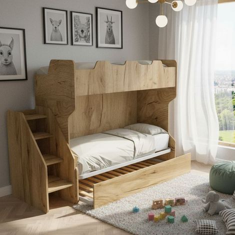 Letto a castello salvaspazio con terzo letto estraibile e scala laterale - Ideale per camerette - Quercia