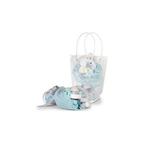 Composizione floreale azzurra con borsa, 24x16H25 cm (kit da 3)