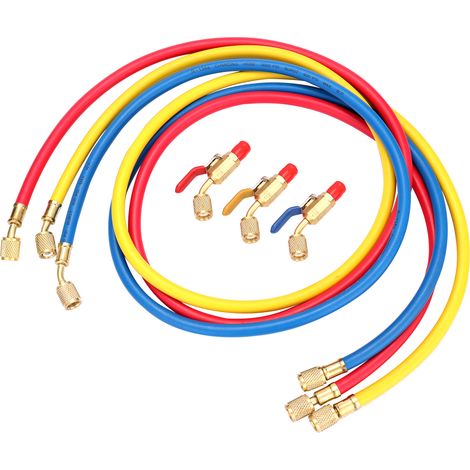 Kältemittel-Füllschlauch für Klimaanlagen mit den Kältemitteln R134a, R12 und R22, 1/4"-SAE-Gewinde, 60"/1,524 m, rot/gelb/blau, mit Kugelventil (1/2)
