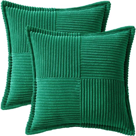 Dekorative Kissenbezüge für Sofa, Bett, Wohnzimmer, 55 x 55 cm, 2er-Set, grüne Dekokissen im Boho-Stil, weiche Kissenbezüge aus Cord mit Seitenstreifen