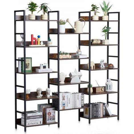 Bibliothèque triple large en métal, étagère industrielle à 14 niveaux, grande bibliothèque de rangement vintage rustique avec étagères ouvertes, étagère de rangement sur pied, pour salon, bureau (1/3)