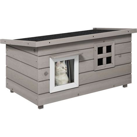 Niche chat bois abri étanche toit asphalte couvercle charnières fenêtre résistant hiver extérieur jardin balcon 87 x 52 x 44 cm gris