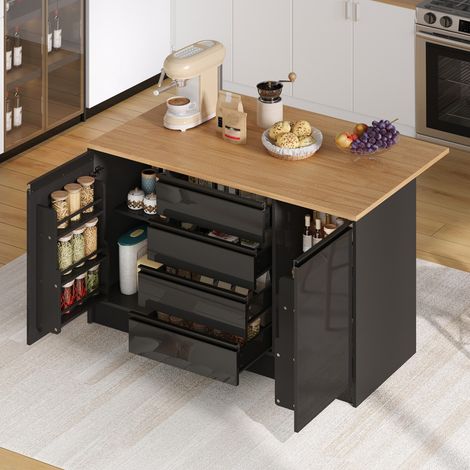 Îlot de cuisine noir laqué brillant plan travail aspect bois rabattable rangement tiroirs placards cuisine moderne 140x80x90cm
