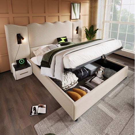 Letto matrimoniale 180x200 cm in lino beige con lampada e contenitore, senza materasso – MEUBLIV (1/5)