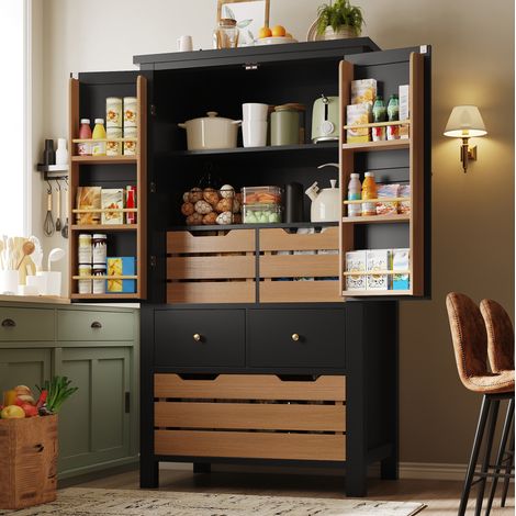 Credenza da cucina 80x40x140 cm, con due ante e cinque cassetti, doppio ripiano, MDF e metallo nero (1/5)