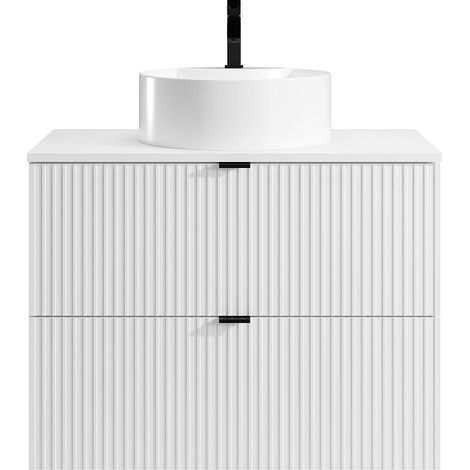 Meuble de salle de bain suspendu strié avec vasque ronde à poser - Blanc mat - 80 cm - ZEVINI (1/4)