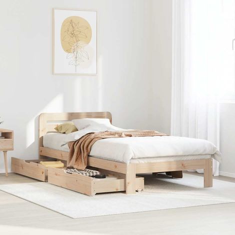 Cadre de Lit 90x200 cm Pin Massif avec Sommier Ă Lattes et 2 Tiroirs (1/4)