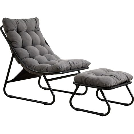 Fauteuil de jardin avec ottomane, structure en acier noir et coussin gris, fauteuil inclinable pour salon, chambre ou terrasse (1/5)