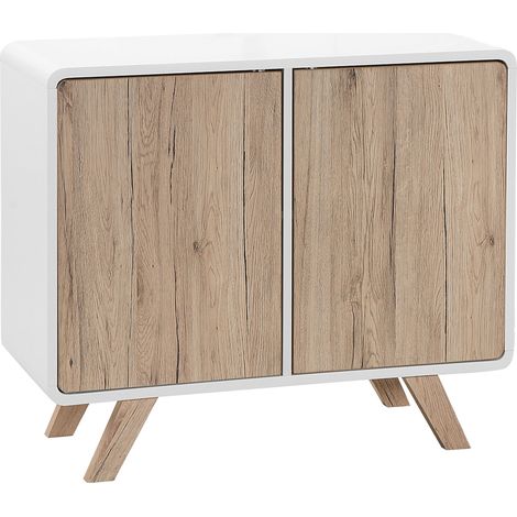 Aparador chapado en madera clara y blanco 76 x 90 x 40 cm con patas de madera de pino 2 puertas Milo (1/5)