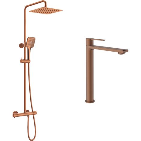Ensemble mitigeur lavabo réhaussé + Colonne de douche Couleur Cuivre brossé (1/4)