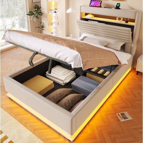 Cama tapizada 90x200 cm beige de lino con almacenaje hidráulico, LED y puertos USB/USB-C (1/5)