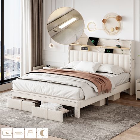4ft6 Double Upholstered Bed with 2 Storage Drawers, Riveted Storage Bed with Charging and Lighting, Linen Platform Bed Frame No Box Spring Needed, Easy Assembly, Beige (No Mattress) (1/5)