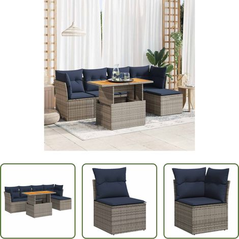 Terrassensofa -  6-tlg. Garten-Sofagarnitur mit Kissen Grau Poly Rattan (1/5)