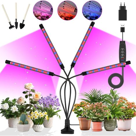 Lampes de Croissance pour Plantes d'Intérieur, 4 Têtes, Spectre Complet, Minuterie 3/9/12H, 3 Modes, 10 Niveaux de Luminosité (1/5)