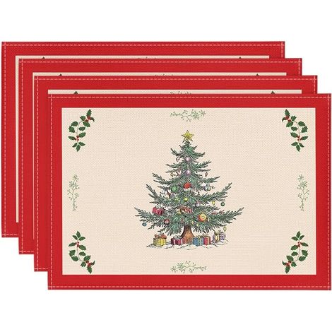Napperons d'hiver à pins de Noël, lot de 4, tapis de table de Noël de 12 x 18 pouces pour chemin de table, fête, cuisine et décoration de salle à manger. (1/4)