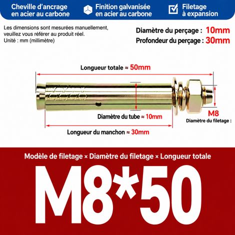 Goujon d'ancrage cheville métallique à expansion M8x50 mm lot de 50 pièces m8 50 pièces 10mm 1 kg – Livraison gratuite