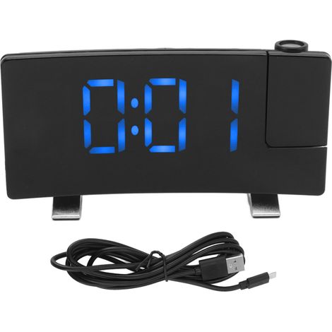 LED-Projektionswecker mit gebogenem Bildschirm, elektronische Digitaluhr mit blauer Anzeige auf schwarzem Gehäuse (1/5)