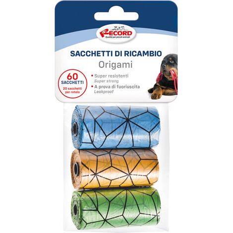 Ricariche sacchetti igienici per cani e gatti modello origami 3 rotoli da 20 sacchetti