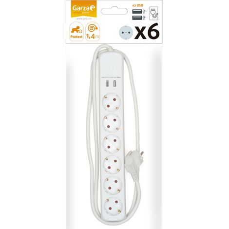 Garza HomePower - Regleta Base múltiple con 6 tomas y 2 USB 1,5mmX1,4m Blanco