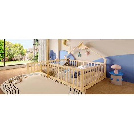 Lit cabane enfant naturel 90x190 cm en pin et MDF avec barrière de sécurité verrouillable pour chambre d'enfant et intérieur (1/5)