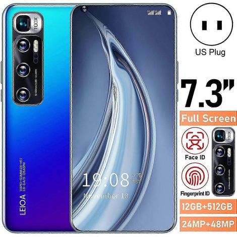 Prise US, 12GB + 512GB Bleu Violet 16/64/128/512GB M10 Ultra 7,3 pouces Haute clarté Écran incurvé 5G Téléphone portable rechargeable