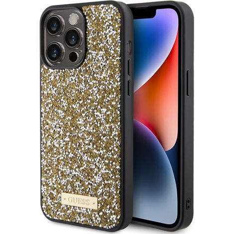Cover per iPhone 15 Pro Max con logo Guess in strass e metallo (gialla) (1/5)
