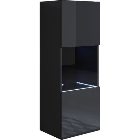 Vetrina Sospesa con LED Mobile Soggiorno Moderno Salotto Vetrinetta pensile 40x126x28 Modello Luke V3 Nero lucido