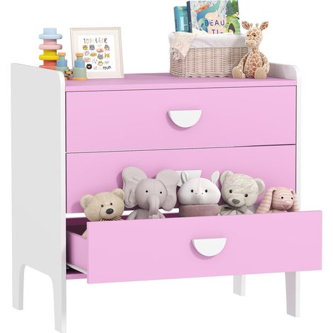 Commode enfant à 3 tiroirs, en MDF, meuble de rangement pour enfants, rose et blanc (1/5)