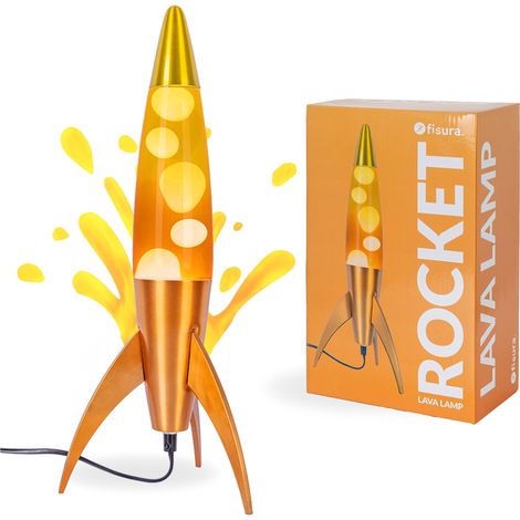 Lampe à lave orange "rocket". Base métallisée et bouteille dégradée orange. Style vintage avec ampoule de rechange. Dimensions : 20 cm x 20 cm x 45 cm. (1/5)