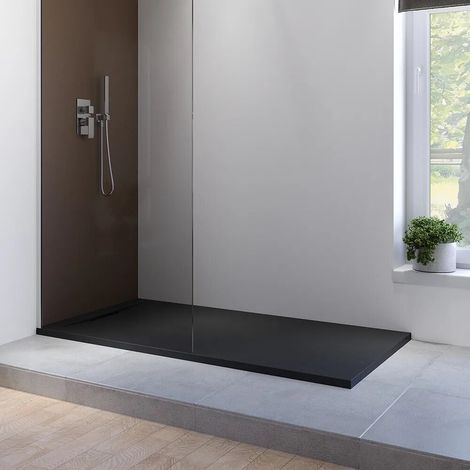 Receveur de douche 90 x 160 cm en marbre synthétique noir effet pierre Paros (1/4)