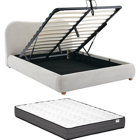 Letto con contenitore 140 x 190 cm Tessuto Beige + Materasso - VANARI