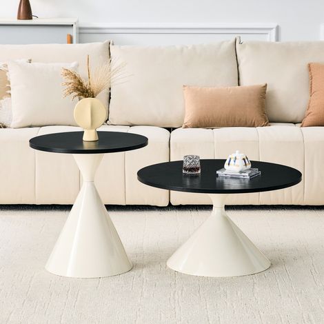 Lot de 2 Tables Basses Gigognes - Ø70cm & Ø50cm - Design Sablier Moderne Effet Bois Noir et Métal Crème - Noir et Crème (1/5)