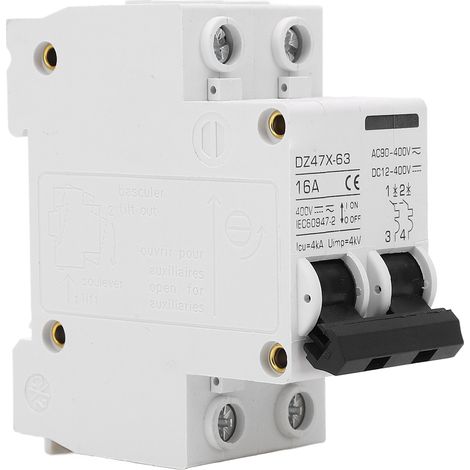 Disjoncteur miniature 2P CC/CA, pouvoir de coupure 4000 A, PA66, petit disjoncteur 16 A 400 V