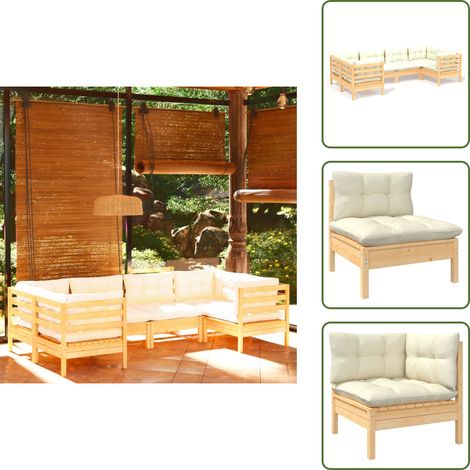 6-tlg. Garten-Lounge-Set mit Creme Kissen Kiefernholz - Gartensessel - Lounge Set - Gartenmöbel - Rattan Möbel - Outdoor Furniture (1/5)