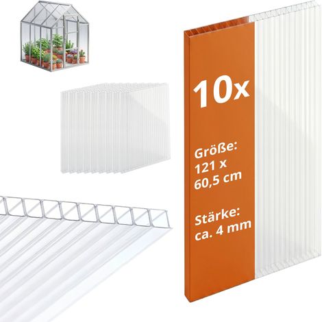 Relaxdays Doppelstegplatten 10er Set, Hohlkammerplatten 4mm, für Gewächshaus, HB: 121x60,5 cm, Polycarbonat, transparent