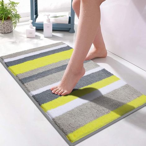 Non-slip, absorbent microfiber bathroom mat, suitable for showers and bathrooms, machine washable, toilet seat cover (50 x 80 cm, yellow/grey).