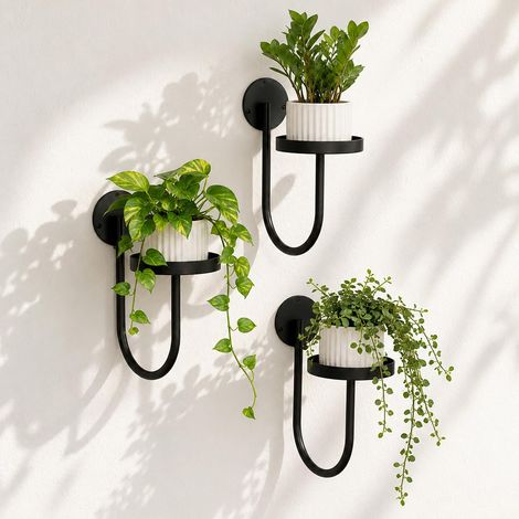 Lot de 3 étagères murales noires en métal pour pots de fleurs, étagère murale pour balcon, salon, jardin, design peu encombrant avec fixation à vis (1/4)