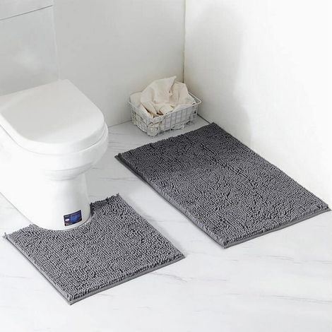 Set di 2 tappetini da bagno, set per piedistallo, tappetino da bagno antiscivolo, assorbente, tappetino da bagno, tappetino per piedistallo WC a forma di U, tappeto (grigio) (1/5)